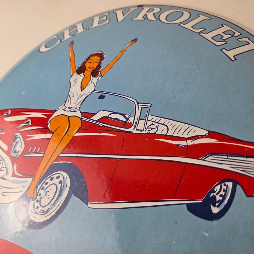 Vintage Chevrolet Sign - Chevy Bel Air Convex Pinup Girl Auto Gas Porcelain Sign - Image 12