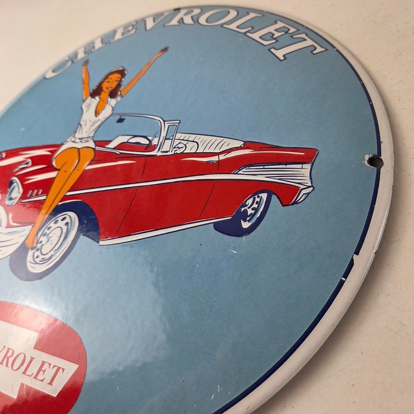 Vintage Chevrolet Sign - Chevy Bel Air Convex Pinup Girl Auto Gas Porcelain Sign - Image 13