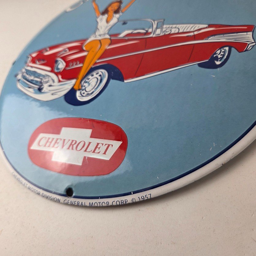 Vintage Chevrolet Sign - Chevy Bel Air Convex Pinup Girl Auto Gas Porcelain Sign - Image 14