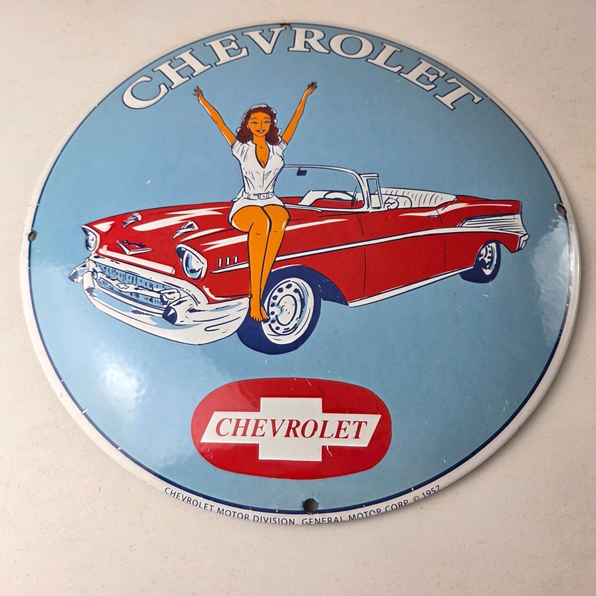 Vintage Chevrolet Sign - Chevy Bel Air Convex Pinup Girl Auto Gas Porcelain Sign - Image 15