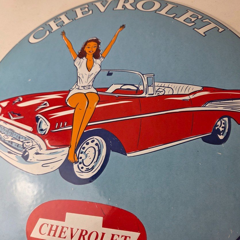 Vintage Chevrolet Sign - Chevy Bel Air Convex Pinup Girl Auto Gas Porcelain Sign - Image 4