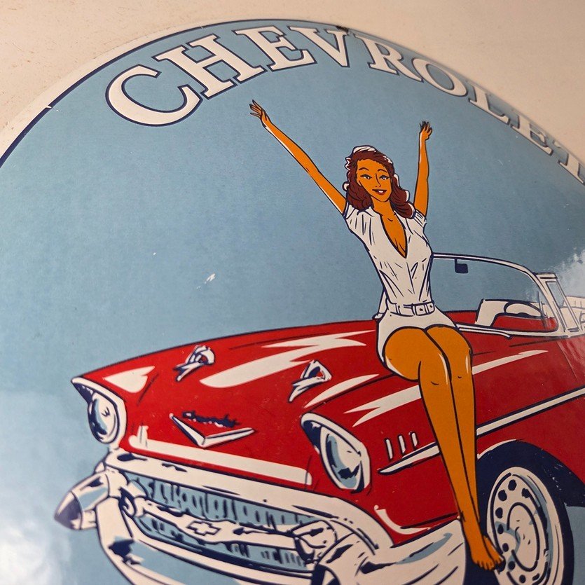 Vintage Chevrolet Sign - Chevy Bel Air Convex Pinup Girl Auto Gas Porcelain Sign - Image 5