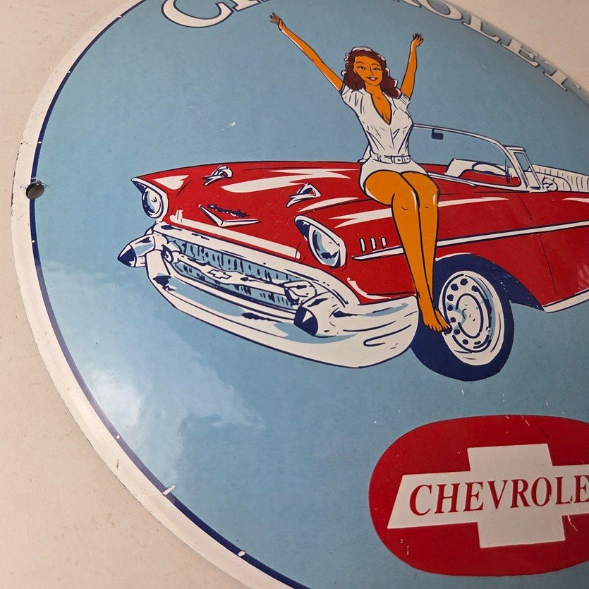 Vintage Chevrolet Sign - Chevy Bel Air Convex Pinup Girl Auto Gas Porcelain Sign - Image 6