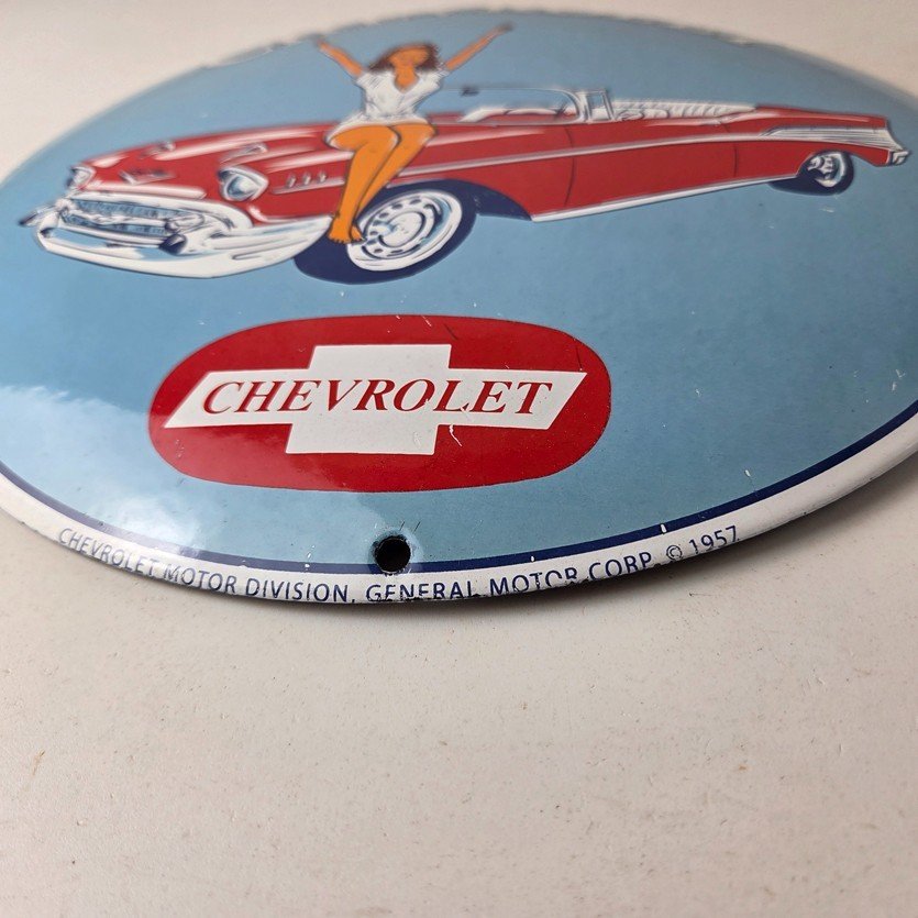 Vintage Chevrolet Sign - Chevy Bel Air Convex Pinup Girl Auto Gas Porcelain Sign - Image 10