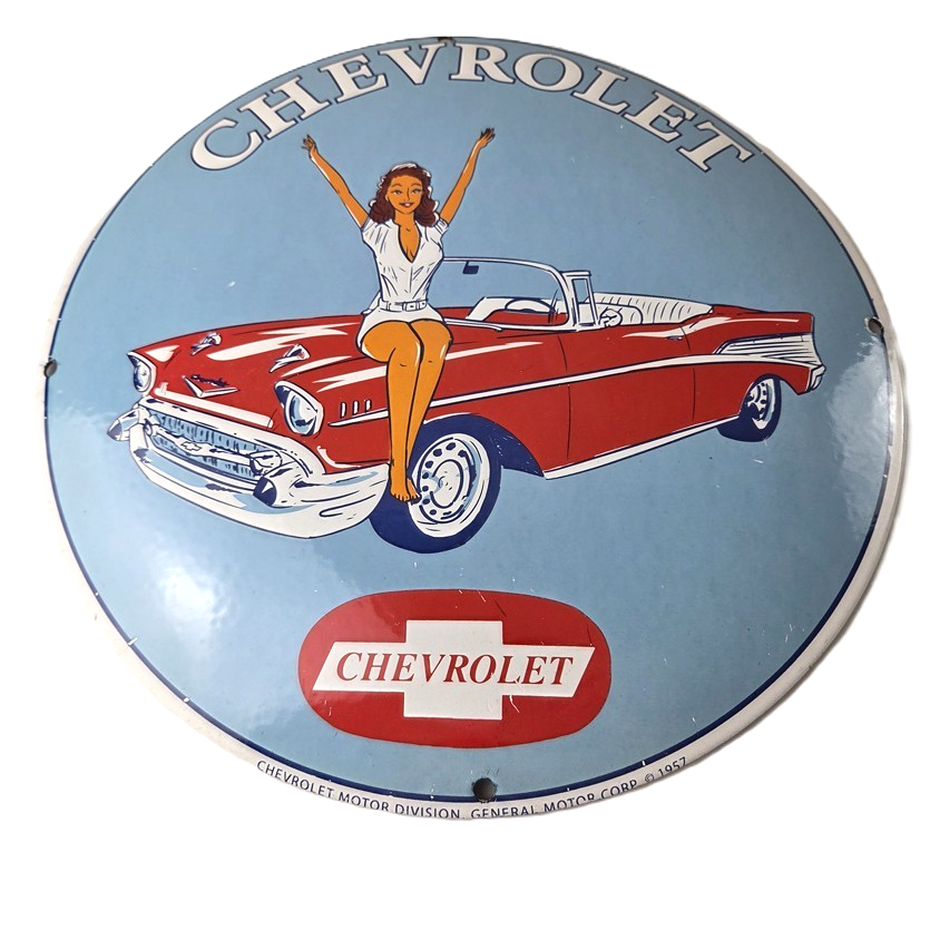 Vintage Chevrolet Sign - Chevy Bel Air Convex Pinup Girl Auto Gas Porcelain Sign