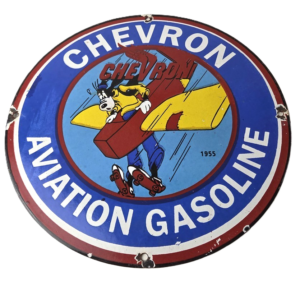 Vintage Chevron Gasoline Sign - Airplane Cartoon Aviation Gas Ad Porcelain Sign