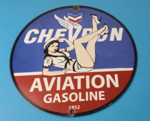 Vintage Chevron Gasoline Sign Aviation Gas Motor Oil Auto Pump Porcelain Sign 305890157398