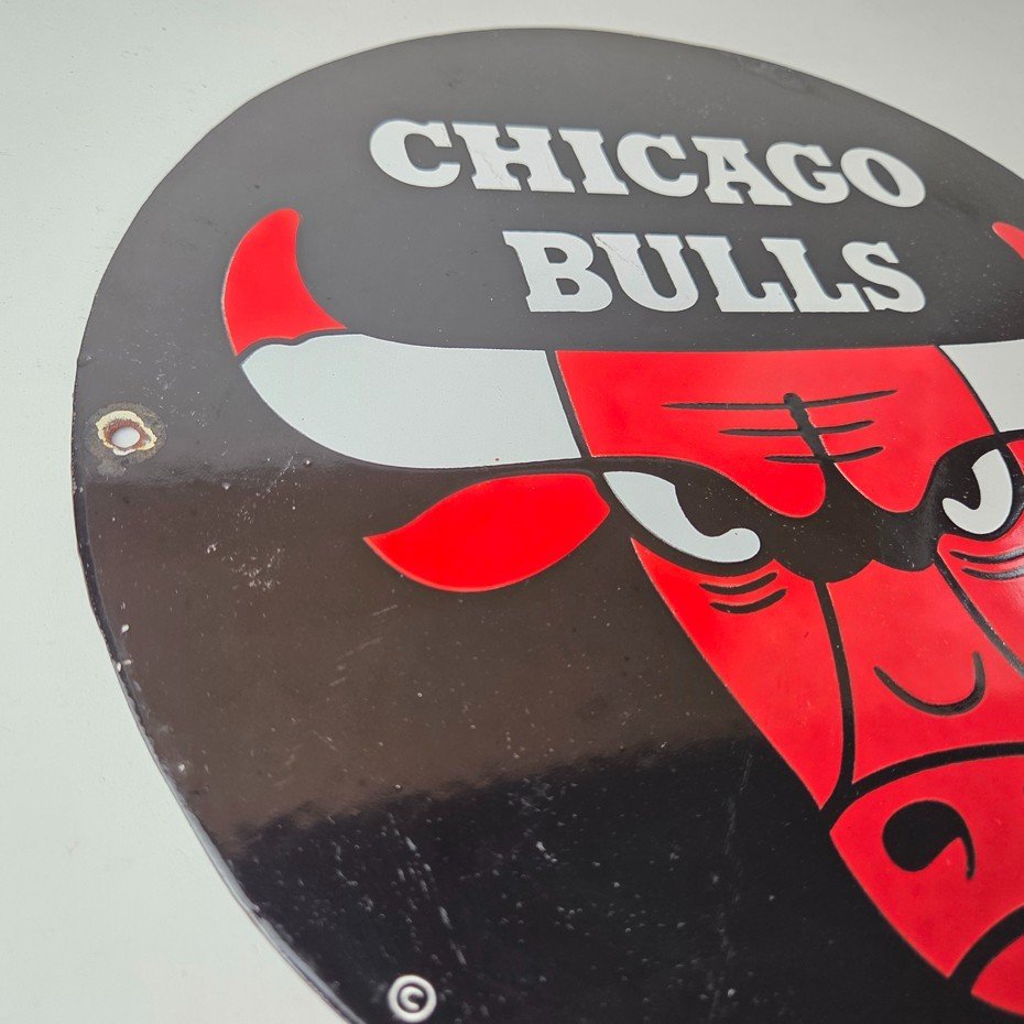 Vintage Chicago Bulls Sign - NBA Basketball Stadium Porcelain Gas Pump Sign - Image 6