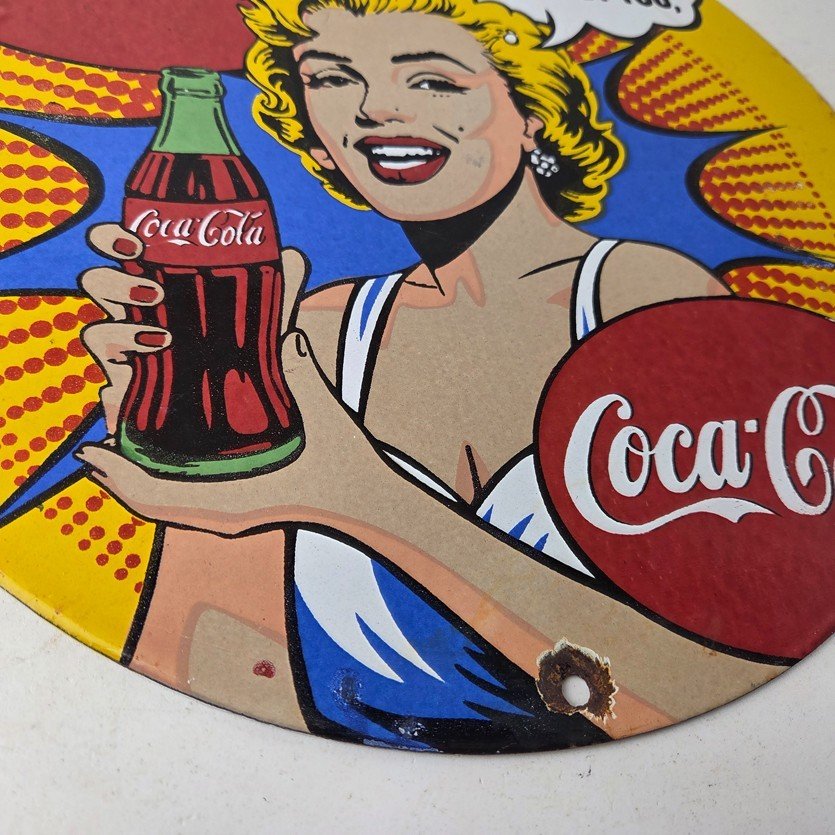 Vintage Coca Cola Porcelain Sign - Gas Pump Service Marilyn Monroe Sign - Image 11
