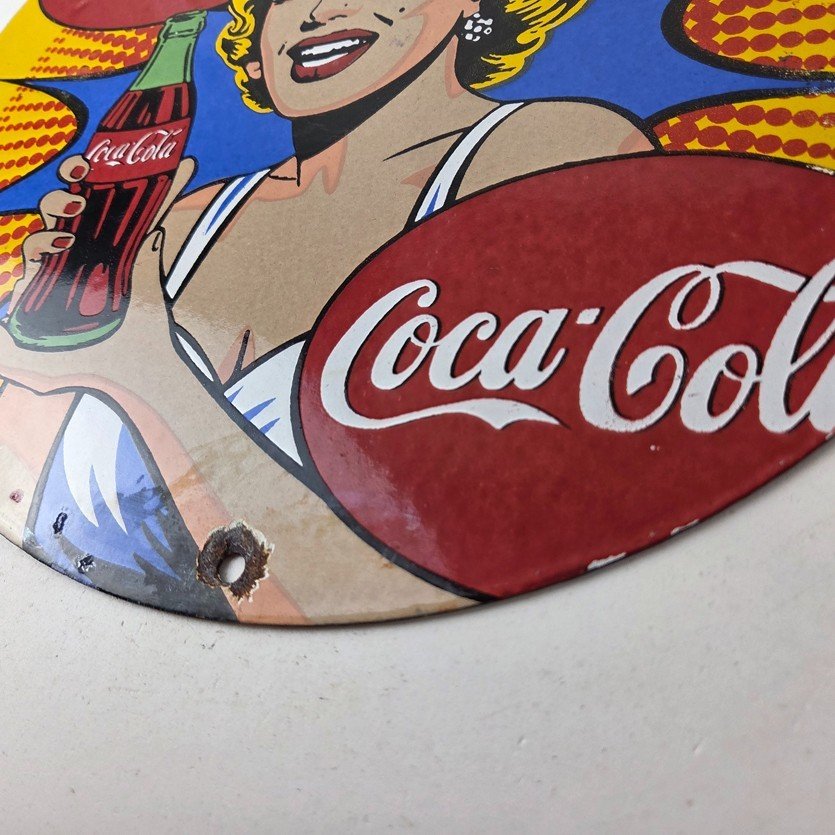 Vintage Coca Cola Porcelain Sign - Gas Pump Service Marilyn Monroe Sign - Image 14