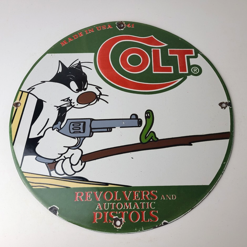 Vintage Colt Firearms Sign - Cat Revolver Gun Shop Ammo Porcelain Gas Pump Sign - Image 12