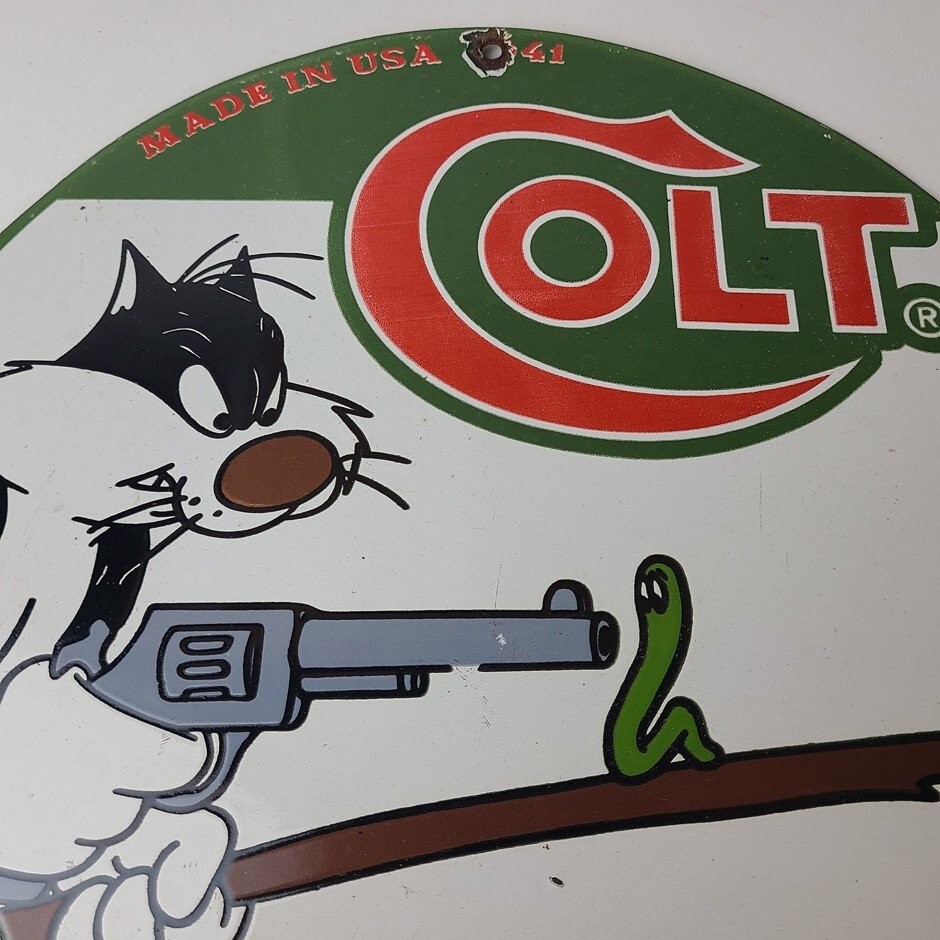 Vintage Colt Firearms Sign - Cat Revolver Gun Shop Ammo Porcelain Gas Pump Sign - Image 3