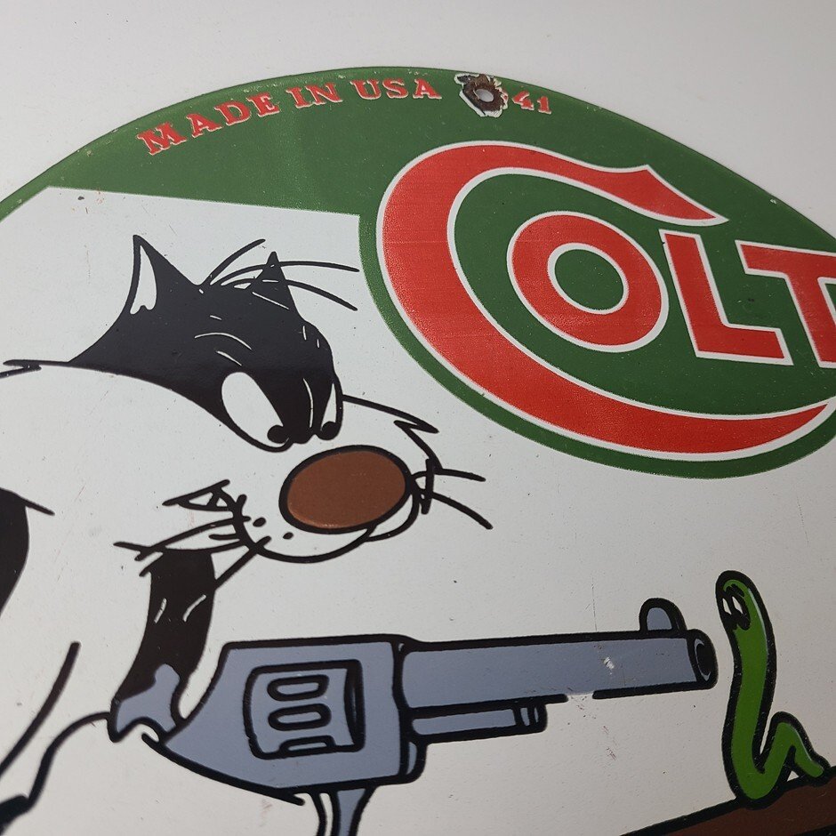 Vintage Colt Firearms Sign - Cat Revolver Gun Shop Ammo Porcelain Gas Pump Sign - Image 5