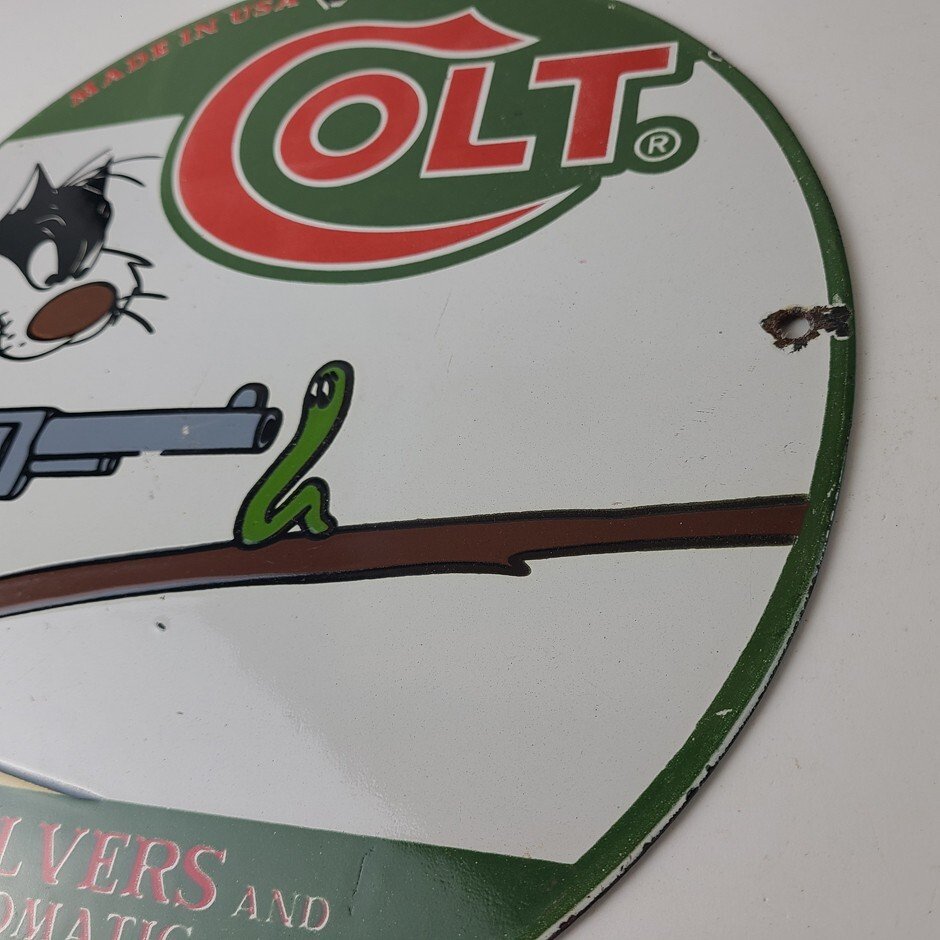 Vintage Colt Firearms Sign - Cat Revolver Gun Shop Ammo Porcelain Gas Pump Sign - Image 9