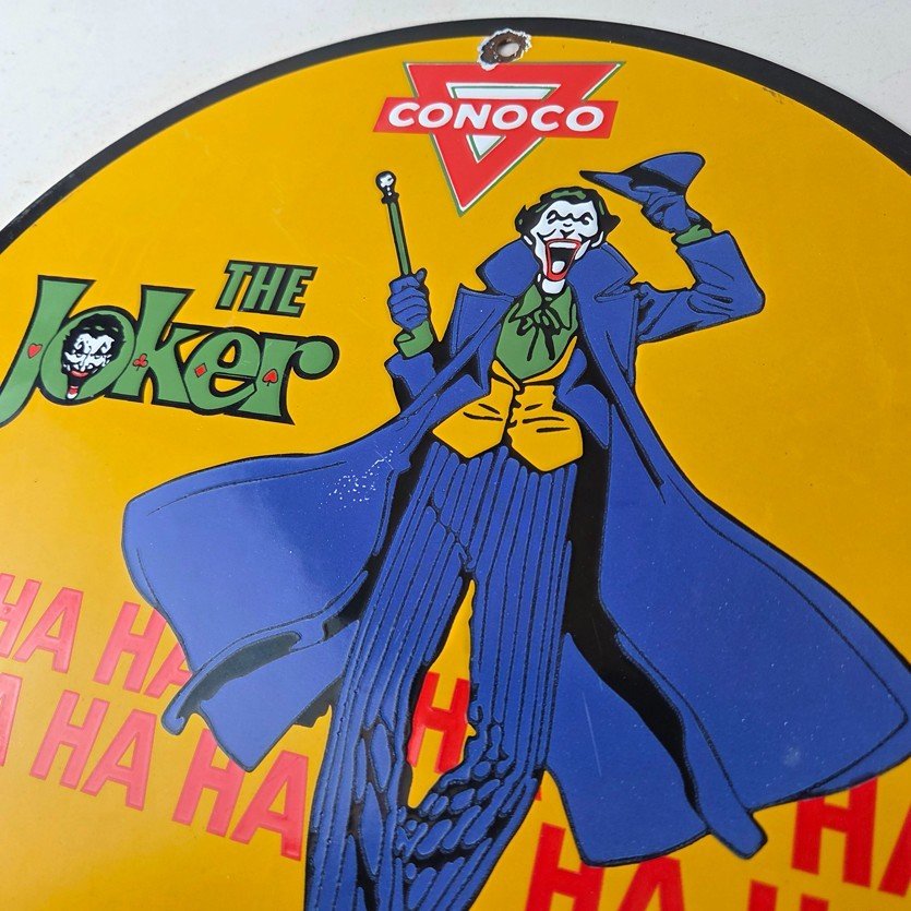 Vintage Conoco Gasoline Porcelain Sign - Joker Batman N-Tane Comic Gas Pump Sign - Image 12
