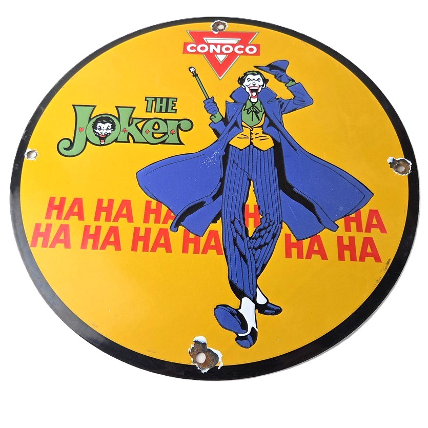 Vintage Conoco Gasoline Porcelain Sign - Joker Batman N-Tane Comic Gas Pump Sign