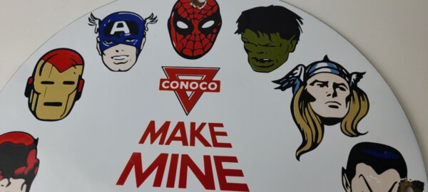 Vintage Conoco Gasoline Porcelain Sign - Marvel Comics Gas Pump Sign - Image 4