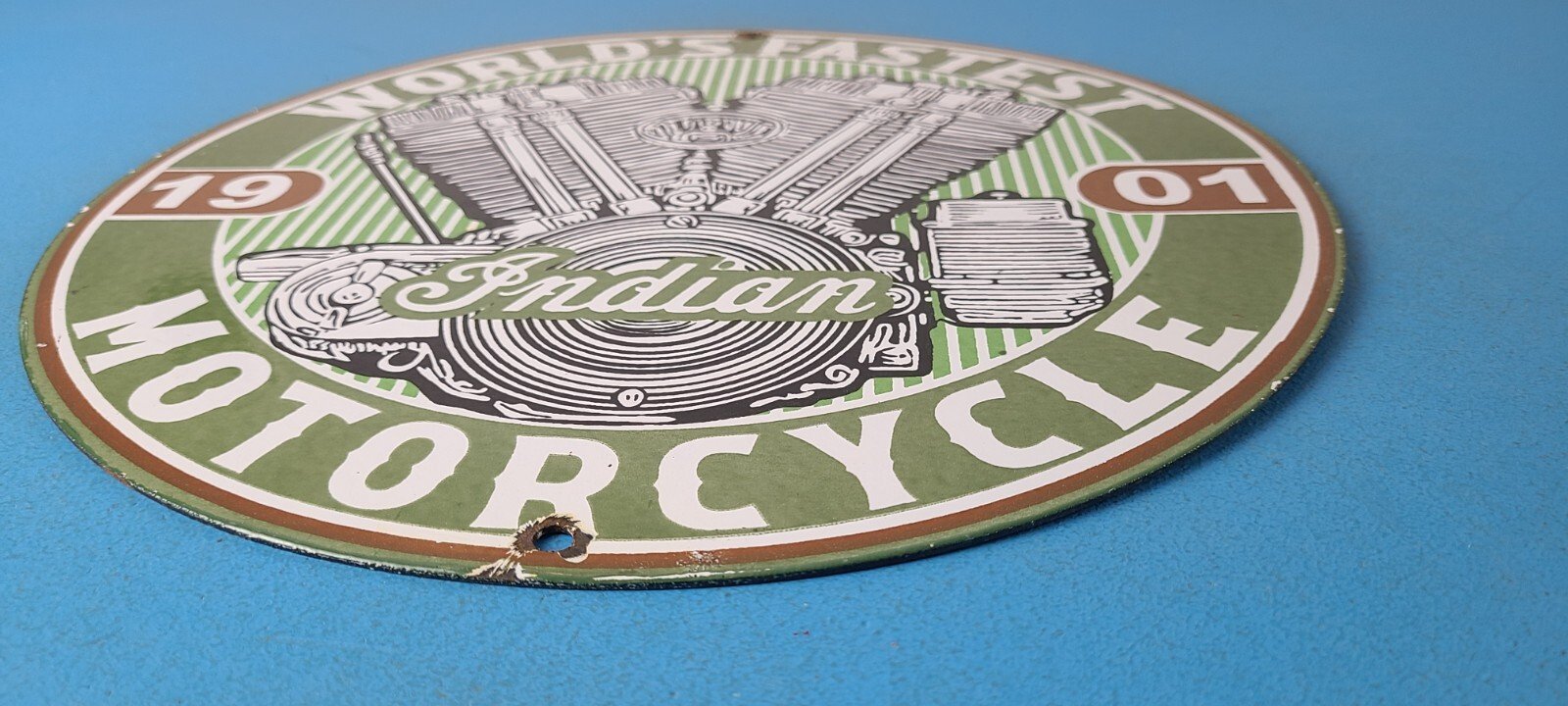 Vintage Indian Sign - Porcelain World's Fastest Motorcycle Gas Station Sign - Image 11