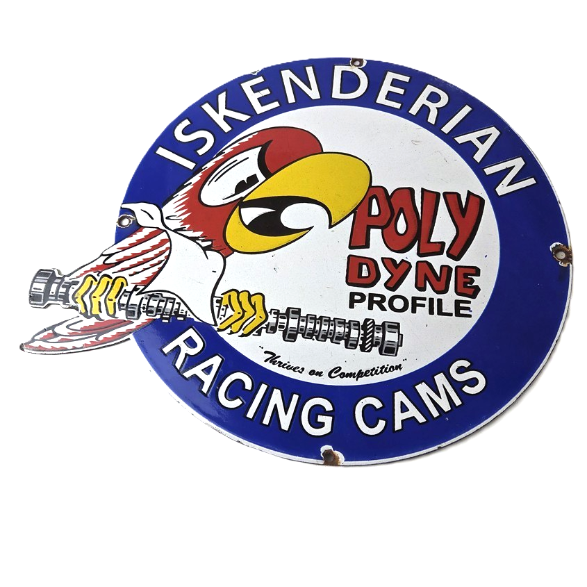 Vintage Iskenderian Racing Cams Porcelain Sign - Mod Rod Auto Gas Pump Shop Sign