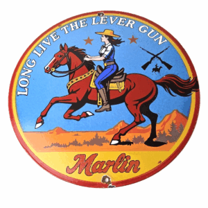 Vintage Marlin Firearms Porcelain Sign - Long Live Lever Gun Advertisement Sign