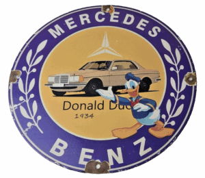 Vintage Mercedes Benz Sign - Porcelain Auto Shop Disney Duck Gas Pump Plate Sign