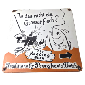 Vintage Old Reading Beer Sign - Adult Drink Fishing Gas Pump Porcelain Sign