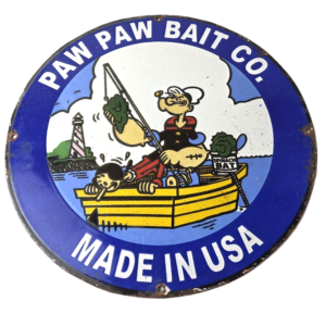 Vintage Paw Paw Bait Sign - Popeye Fishing Gas Service Pump Plate Sign