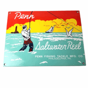 Vintage Penn Saltwater Reels Sign - Fishing Gas Service Pump Porcelain Sign