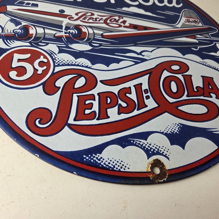 Vintage Pepsi Porcelain Sign - 5 Cent Airplane Ad Drink Soda Cola Sign - Image 11