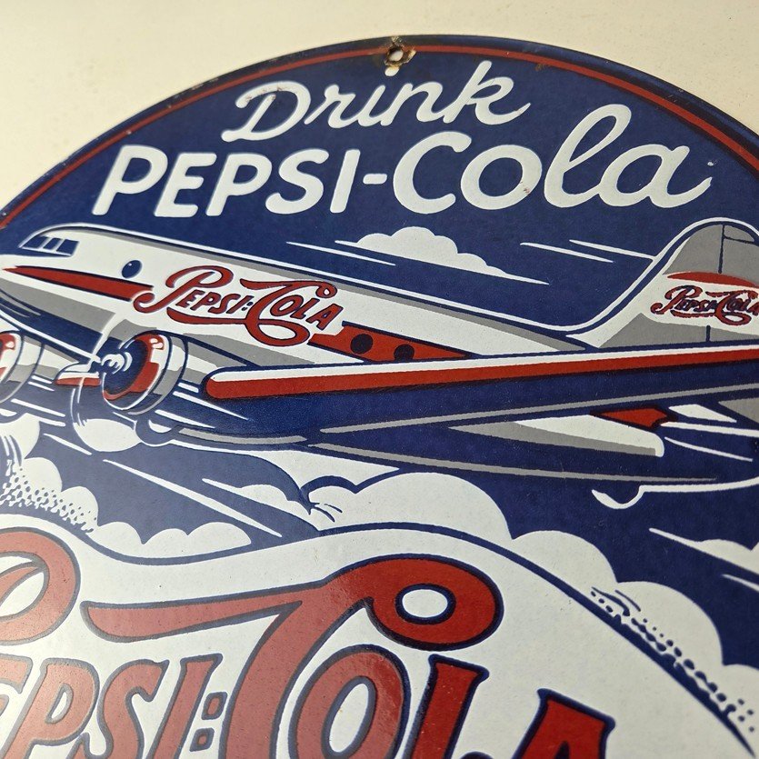 Vintage Pepsi Porcelain Sign - 5 Cent Airplane Ad Drink Soda Cola Sign - Image 12