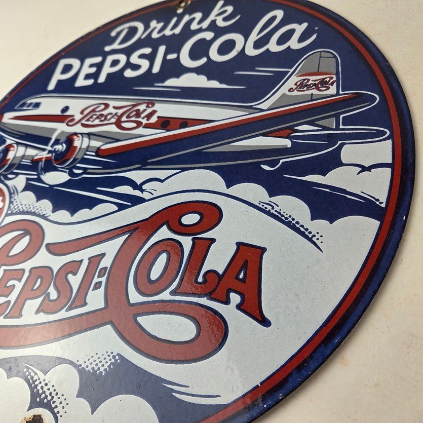 Vintage Pepsi Porcelain Sign - 5 Cent Airplane Ad Drink Soda Cola Sign - Image 13