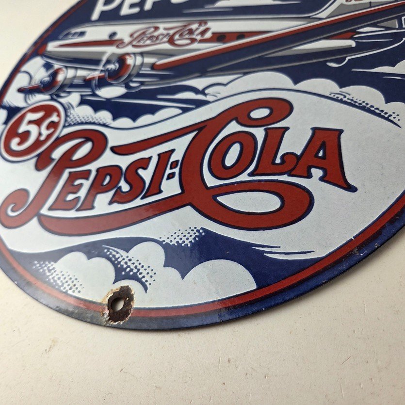Vintage Pepsi Porcelain Sign - 5 Cent Airplane Ad Drink Soda Cola Sign - Image 14