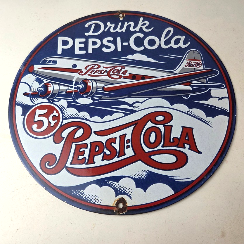 Vintage Pepsi Porcelain Sign - 5 Cent Airplane Ad Drink Soda Cola Sign - Image 15