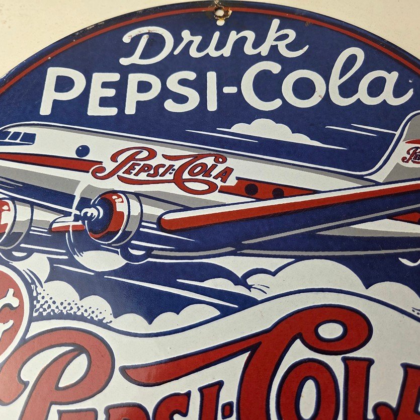 Vintage Pepsi Porcelain Sign - 5 Cent Airplane Ad Drink Soda Cola Sign - Image 3