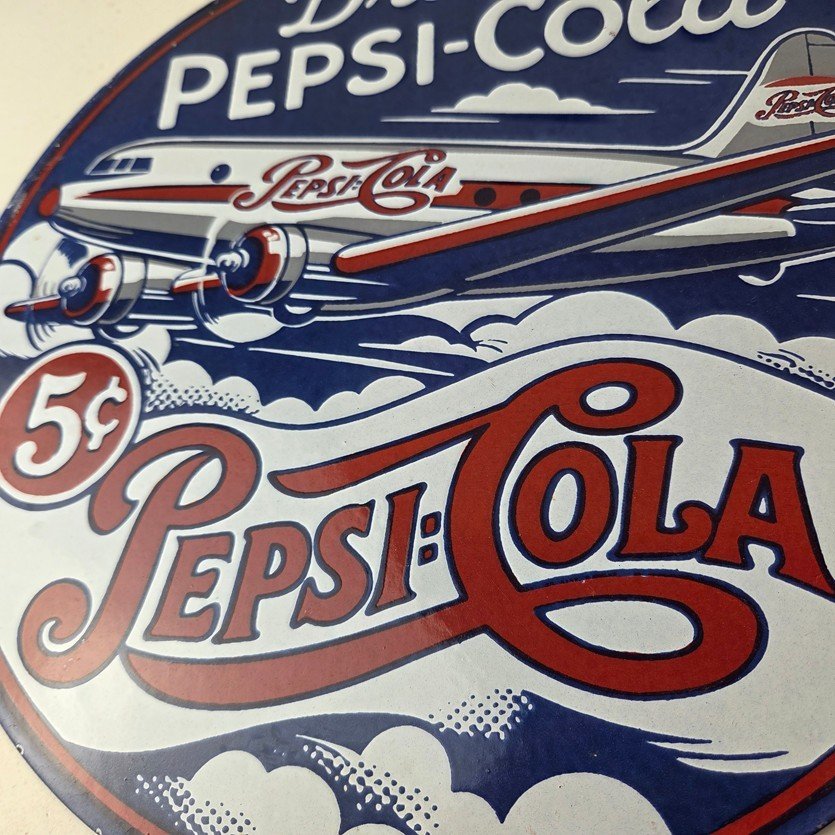 Vintage Pepsi Porcelain Sign - 5 Cent Airplane Ad Drink Soda Cola Sign - Image 4