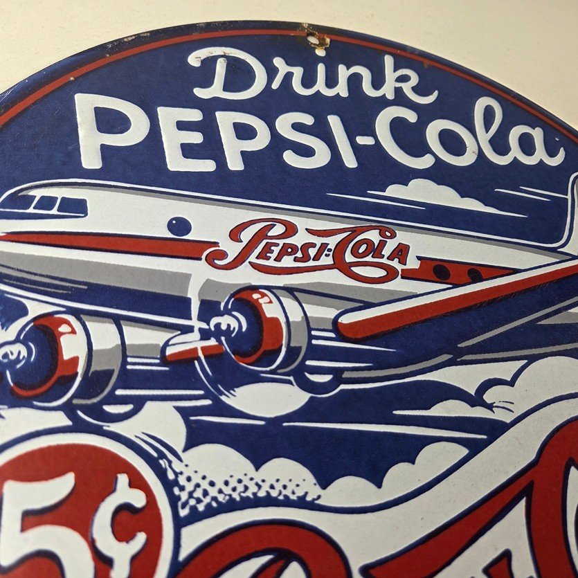 Vintage Pepsi Porcelain Sign - 5 Cent Airplane Ad Drink Soda Cola Sign - Image 5