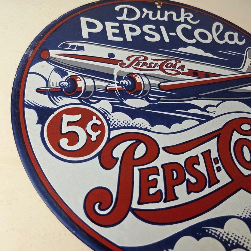 Vintage Pepsi Porcelain Sign - 5 Cent Airplane Ad Drink Soda Cola Sign - Image 6