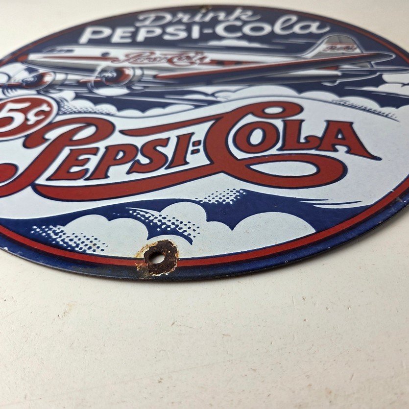 Vintage Pepsi Porcelain Sign - 5 Cent Airplane Ad Drink Soda Cola Sign - Image 10