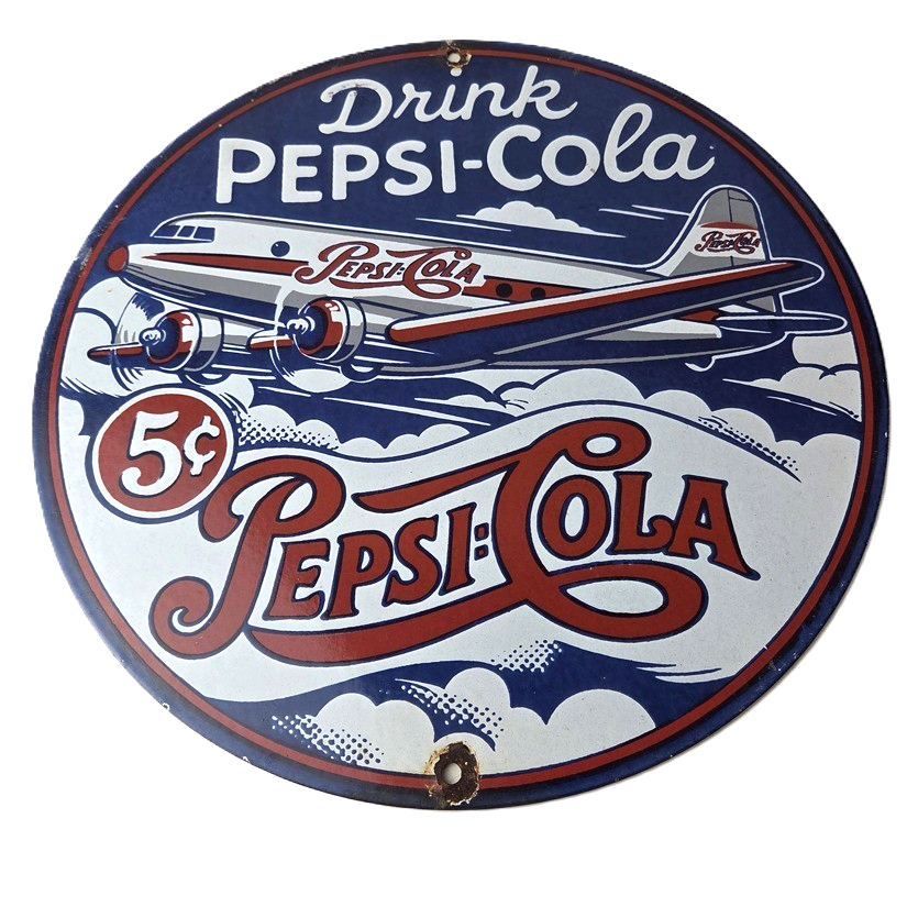 Vintage Pepsi Porcelain Sign - 5 Cent Airplane Ad Drink Soda Cola Sign