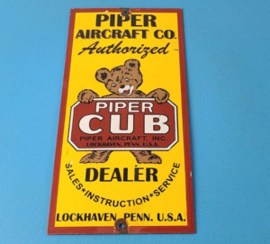 Vintage Piper Cub Sign Aviation Hangar Gas Pump Airplane Porcelain Sign 305868225698