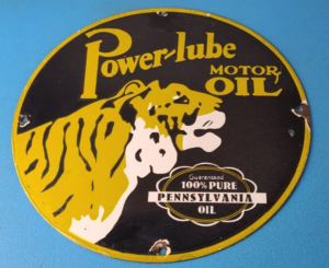 Vintage Power Lube Gasoline Sign Tiger Motor Oil Gas Porcelain Sign 305870032378