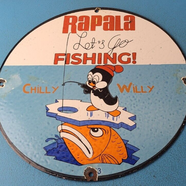 Vintage Rapala Fishing Lures Ad Sign Chilly Willy Porcelain Gas Pump Sign