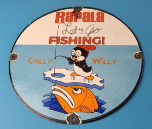 Vintage Rapala Fishing Lures Ad Sign Chilly Willy Porcelain Gas Pump Sign 305900740758