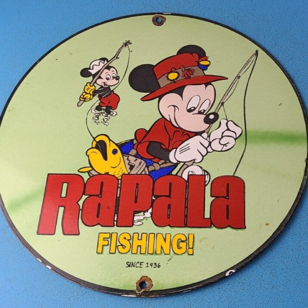 Vintage Rapala Fishing Sign Mickey Mouse Sign Tackle Lures Gas Oil Pump Sign 305375827948