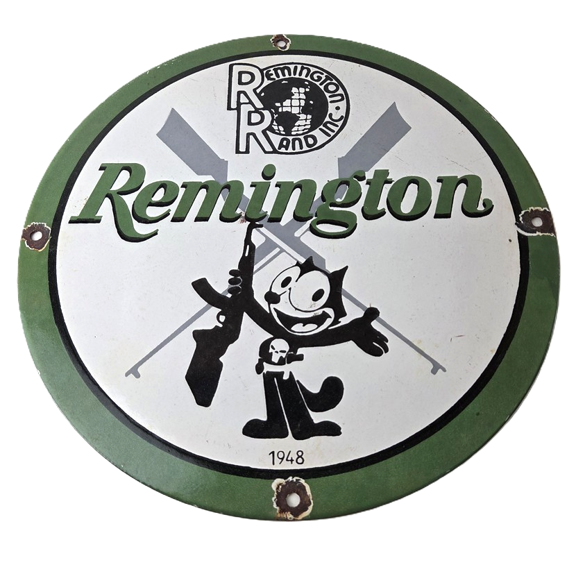 Vintage Remington Firearms Sign - Felix the Cat Gas Pump Porcelain Dealer Sign