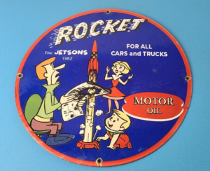 Vintage Rocket Gasoline Sign Jetsons Auto Trucks Gas Pump Porcelain Sign 305868051828