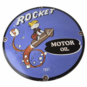 Vintage Rocket Motor Oil Sign - Gas Service Station Pump Porcelain Sign