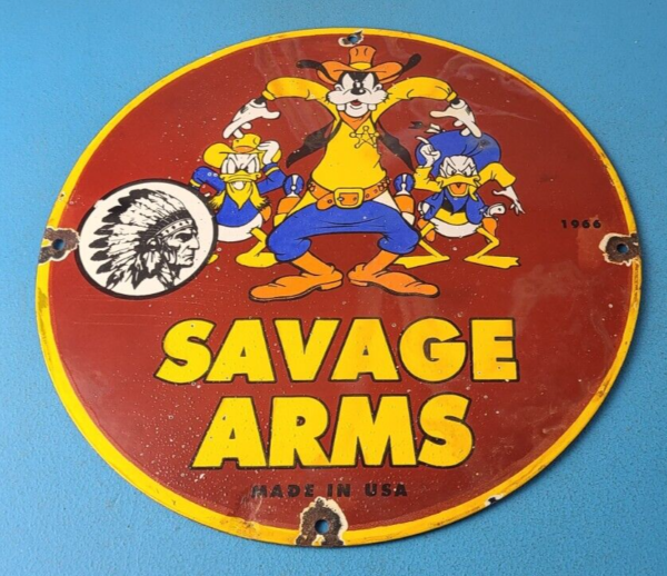 Vintage Savage Arms Sign Goofy Porcelain Service Gun Ammo Gas Oil Pump Sign 305703604688