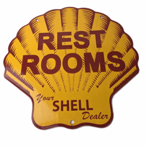 Vintage Shell Gasoline Sign - Rest Rooms Porcelain Gas Pump Plate Sign
