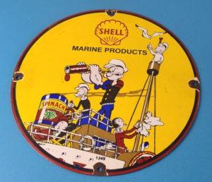 Vintage Shell Gasoline Sign Use Coupon Code on Porcelain Popeye Gas Sign 305895432658